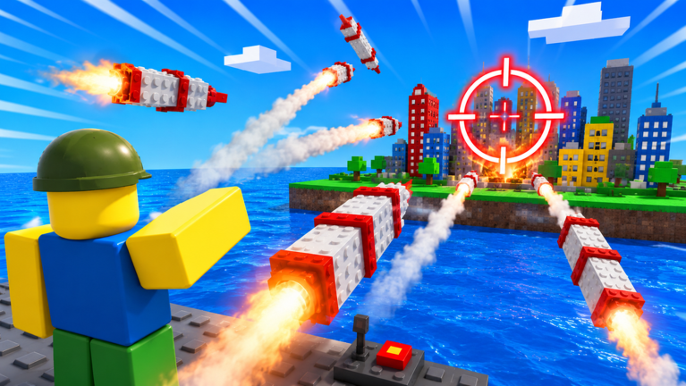 Missiles flying toward a blocky city in the official Missiles vs Cities Roblox thumbnail